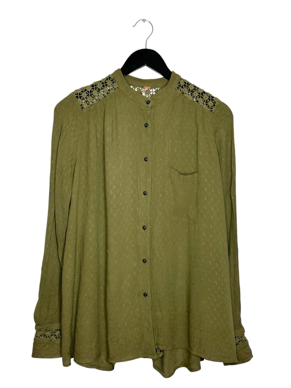 Free People The Best Olive Crochet Lace Button Down Boho Festival Blouse Medium - Picture 2 of 10